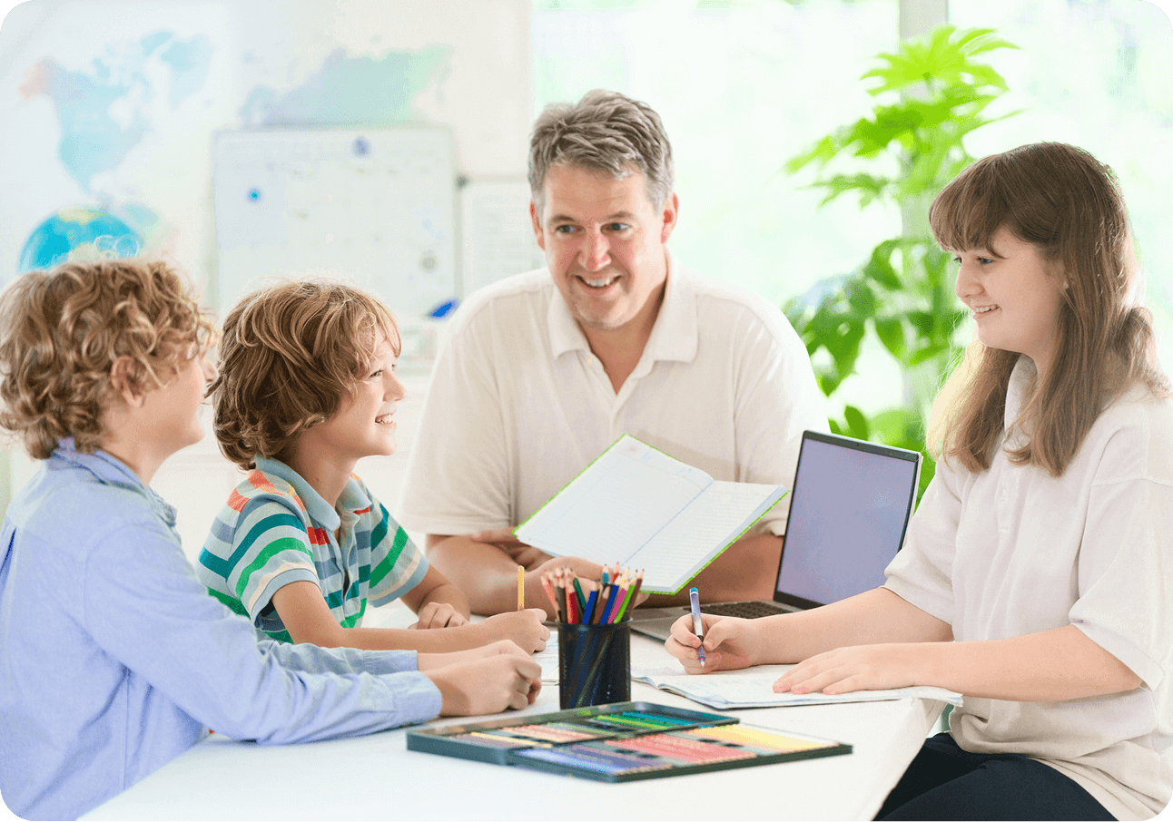 Family engaged in a cheerful discussion indoors.