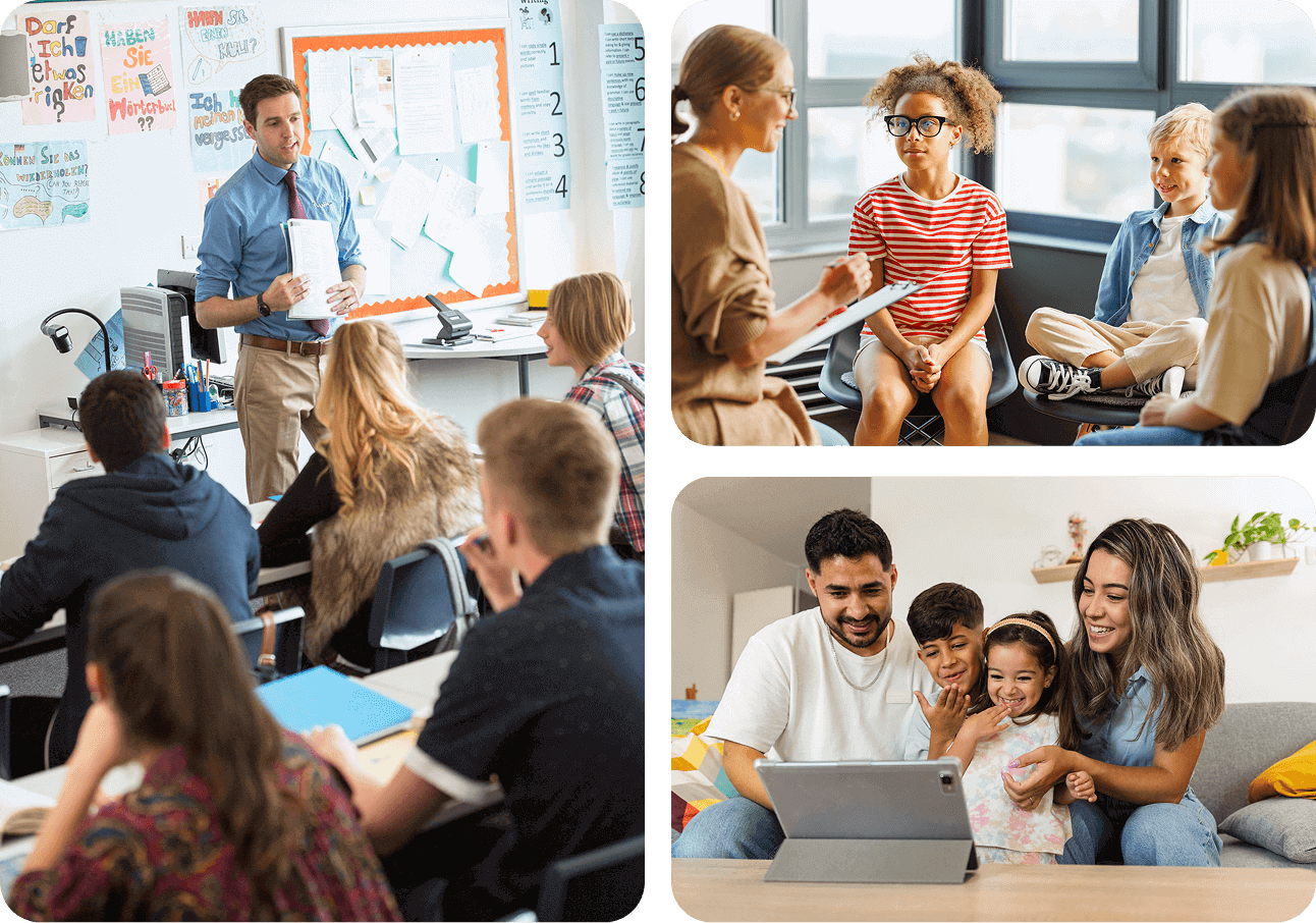 Classroom teaching, group discussion, family using tablet.