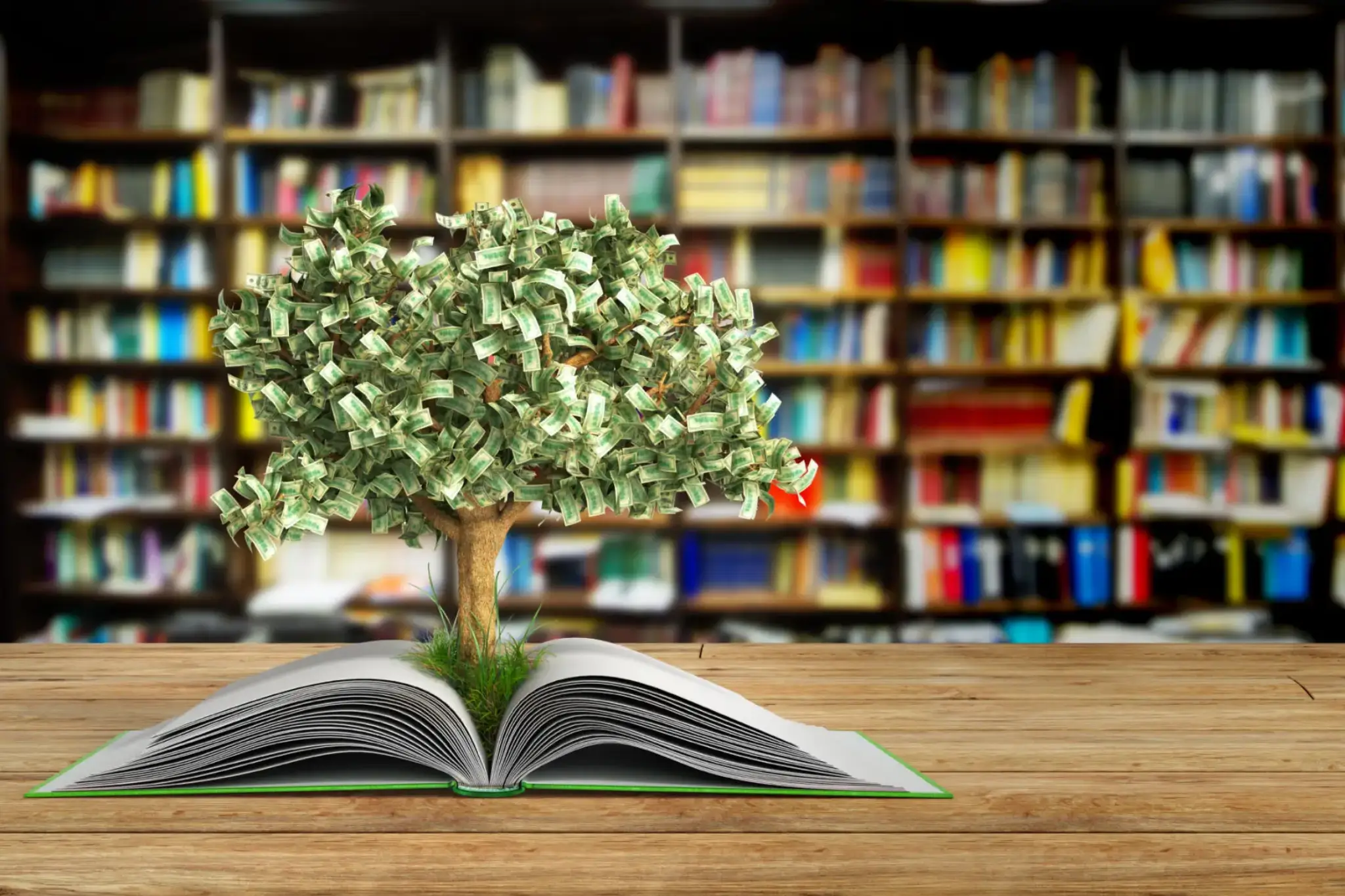 A tree growing from an open book with a blurred library background.
