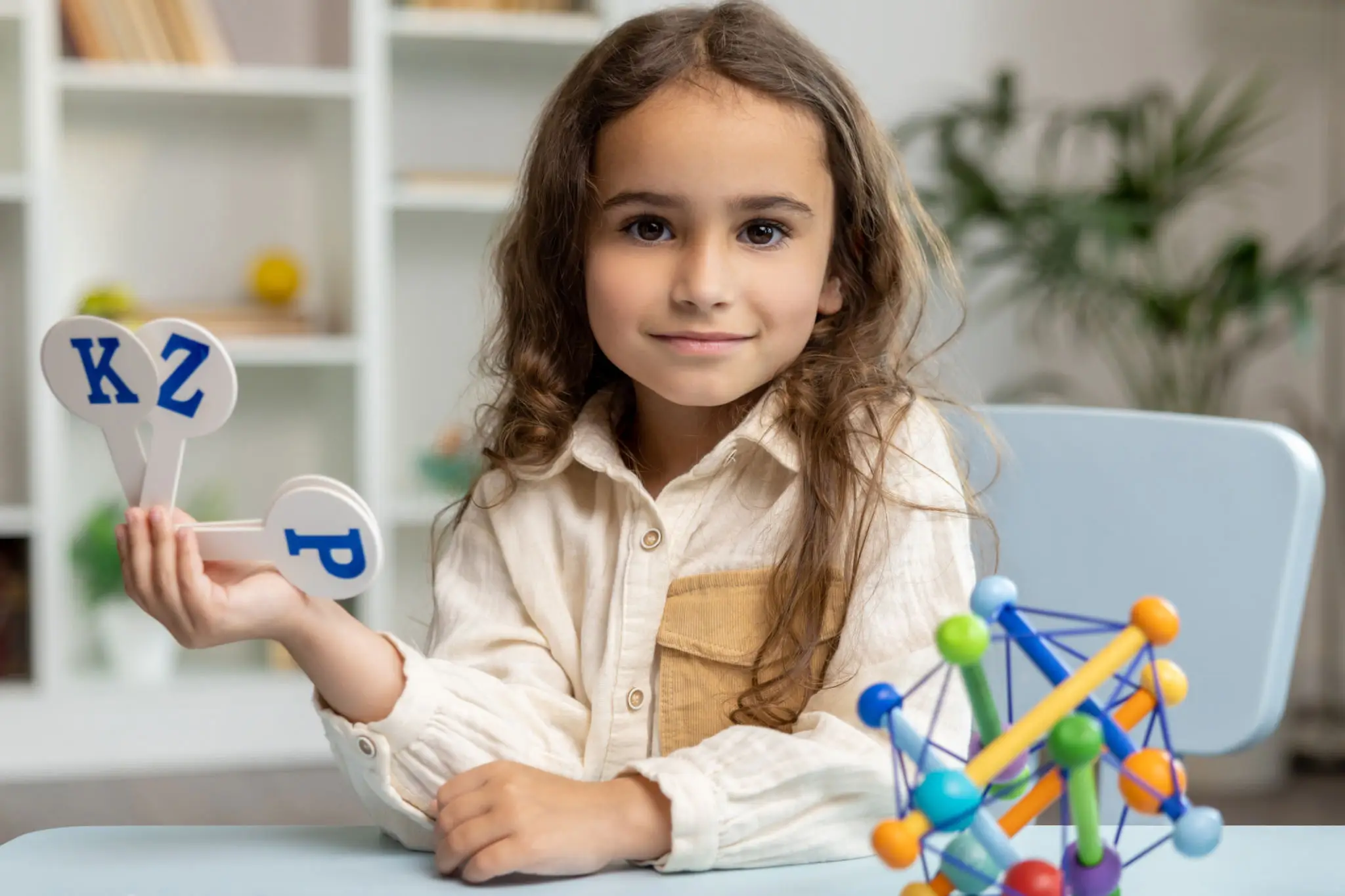 A young girl smiling while holding a magnifying glass in a study setting.