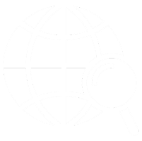 Globe with magnifying glass icon.